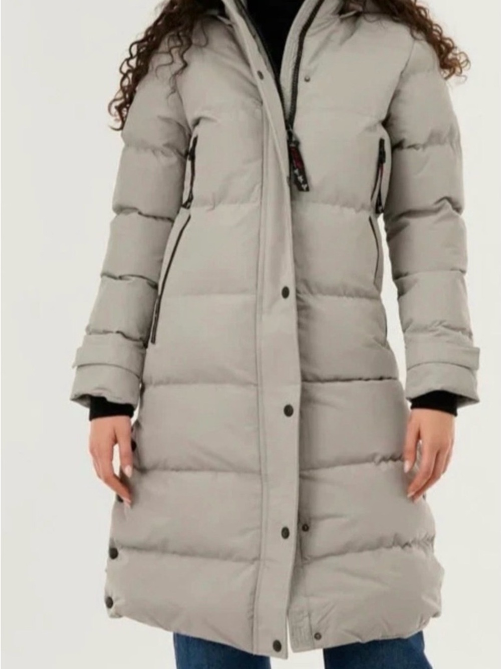 Long Light Gray Quilted Down Puffer Coat - Women